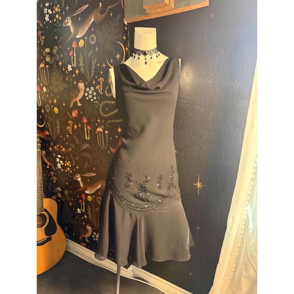 SL Fashions Vintage Black Beaded Cowl Neck Ruffle Hem Cocktail Dress Size 8